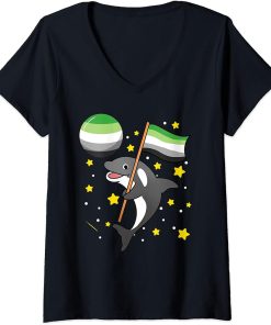 Womens Orca In Space Aromantic Pride V-Neck T-Shirt