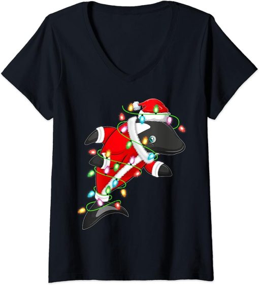 Womens Funny Orca Xmas Lighting Matching Santa Orca Christmas V-Neck T-Shirt