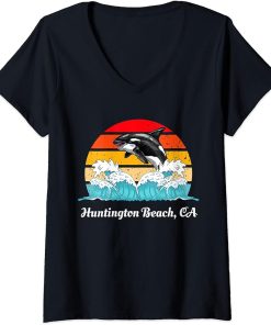 Womens Vintage Huntington Beach CA Distressed Orca Killer Whale Art V-Neck T-Shirt