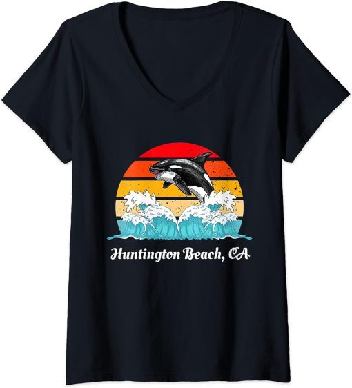 Womens Vintage Huntington Beach CA Distressed Orca Killer Whale Art V-Neck T-Shirt