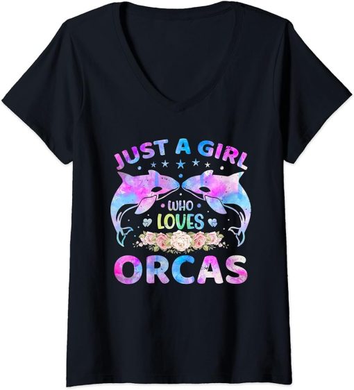 Womens Just A Girl Who Loves Orcas V-Neck T-Shirt