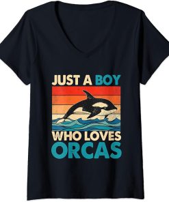 Womens Just A Boy Who Loves Orcas Orcas Lover Nature Wildlife V-Neck T-Shirt