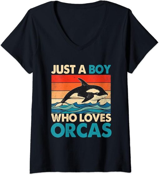 Womens Just A Boy Who Loves Orcas Orcas Lover Nature Wildlife V-Neck T-Shirt